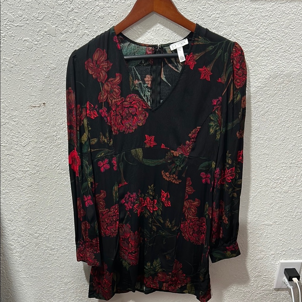 Leith red and black Floral V-Neck long sleeve mini dress size M GUC.. - Picture 6 of 16